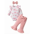 thumbnail image 1 of Infant Baby Girl Clothes Bow Print Long Sleeve Romper Flared Pants and Headband Outfits Set Pink 0-3 Months, 1 of 6