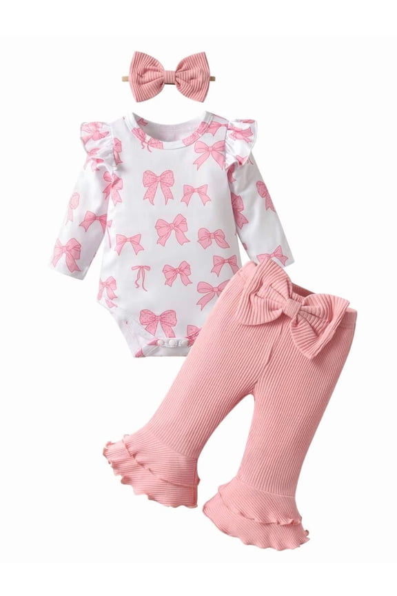 Infant Baby Girl Clothes Bow Print Long Sleeve Romper Flared Pants and Headband Outfits Set Pink 6-9 Months