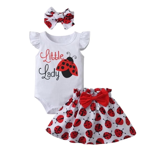 Infant Baby Girl Clothes Cartoon Style Ruffled Romper Short Skirt Headband 3PCS Summer Outfits Red 0-3 Months