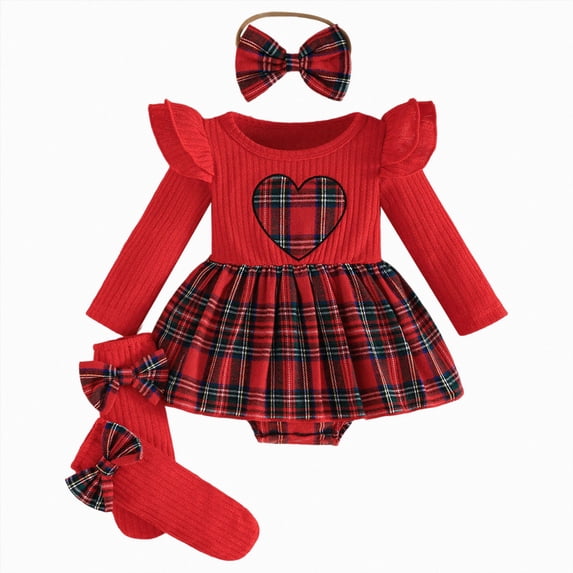 enyan Infant Baby Girl Clothes Christmas Plaid Overall Dress Outfits Fall Winter Ruffle Romper Headband Stockings Set(Red,9-12 Months)