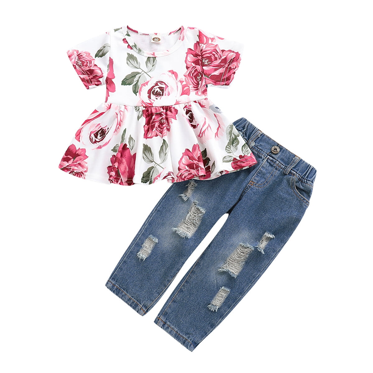 Infant Baby Girl Clothes Denim Outfits Short Sleeve Floral Shirt Top Jeans Pants Set Baby Girl Jeans Outfits Set 9-12 Months