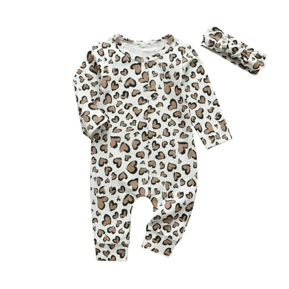 Infant Baby Girl Clothes Leopard Printed Long Sleeve Romper   Headband Jumpsuits Outfits Khaki 3-6 Months