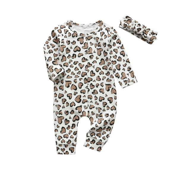Infant Baby Girl Clothes Leopard Printed Long Sleeve Romper + Headband Jumpsuits Outfits Khaki 6-9 Months
