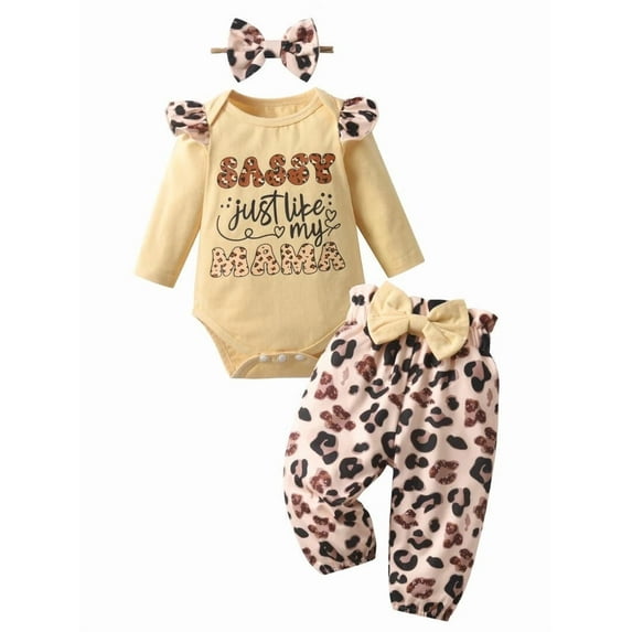 Infant Baby Girl Clothes Letter Long Sleeve Ruffle Romper Print Pants Set 3Pcs Yellow 0-3 Months