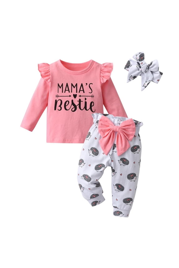 Infant Baby Girl Clothes Letter Long Sleeve Ruffle Tops Animal Pattern Pants and Headband Outfits Set Pink 3-6 Months