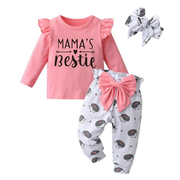 Infant Baby Girl Clothes Letter Long Sleeve Ruffle Tops Animal Pattern Pants and Headband Outfits Set Pink 6-9 Months