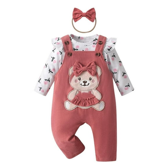Infant Baby Girl Clothes Print Romper Bear Style Suspender Pants Headband Outfit Set Pink 12-18 Months