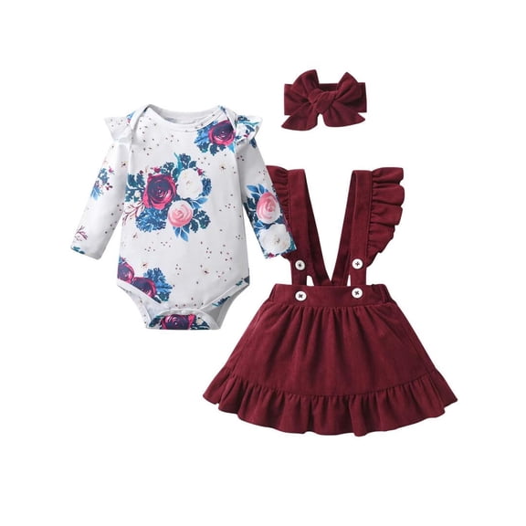 Infant Baby Girl Clothes Print Ruffle Romper + Strap Skirt + Headband Red 3-6 Months