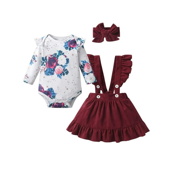 Infant Baby Girl Clothes Print Ruffle Romper   Strap Skirt   Headband Red 6-9 Months