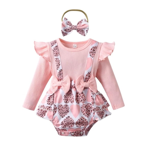 Infant Baby Girl Clothes Ribbed Long Sleeve Faux-Two Floral Print Romper Dress with Bow Headband Nude Pink 0-3 Months