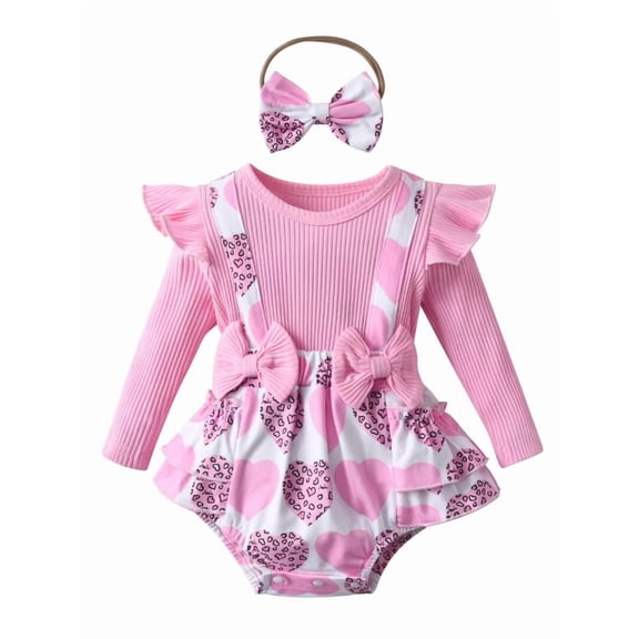 Infant Baby Girl Clothes Ribbed Long Sleeve Faux-Two Floral Print Romper Dress with Bow Headband Pink 9-12 Months