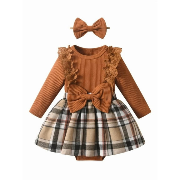 Infant Baby Girl Clothes Ribbed Long Sleeve Faux-Two Floral Print Romper Jumpsuit Dress with Headband Brown 0-3 Months