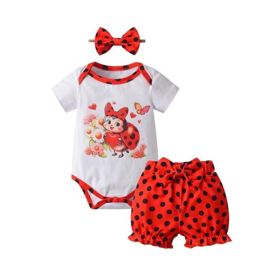 Infant Baby Girl Clothes Ruffle Insect Print Short Sleeve Romper   Shorts   Headband 3PCS Set 0-3 Months
