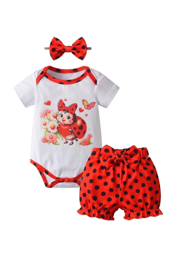 Infant Baby Girl Clothes Ruffle Insect Print Short Sleeve Romper + Shorts + Headband 3PCS Set 0-3 Months