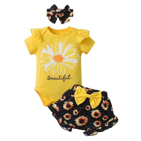Infant Baby Girl Clothes Ruffle Letter Short Sleeve Romper Floral Long Pants with Headband Outfits Set Yellow 6-9 Months