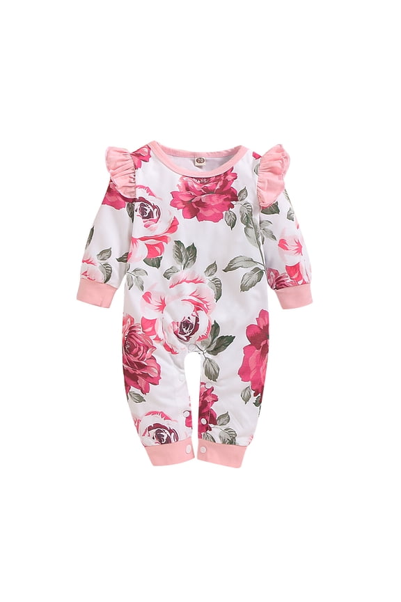 Infant Baby Girl Clothes Ruffle Long Sleeve Floral Jumpsuit Baby Girl One-piece Bodysuit Infant Baby Girl Onesies Jumpsuit Clothes 9-12 Months