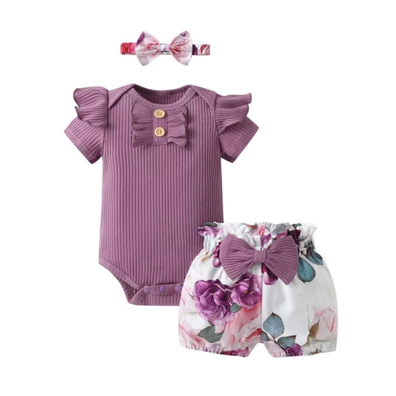 Infant Baby Girl Clothes Ruffle Print Short Sleeve Romper   Shorts   Headband 3PCS Set（Purple,0-3 Months）
