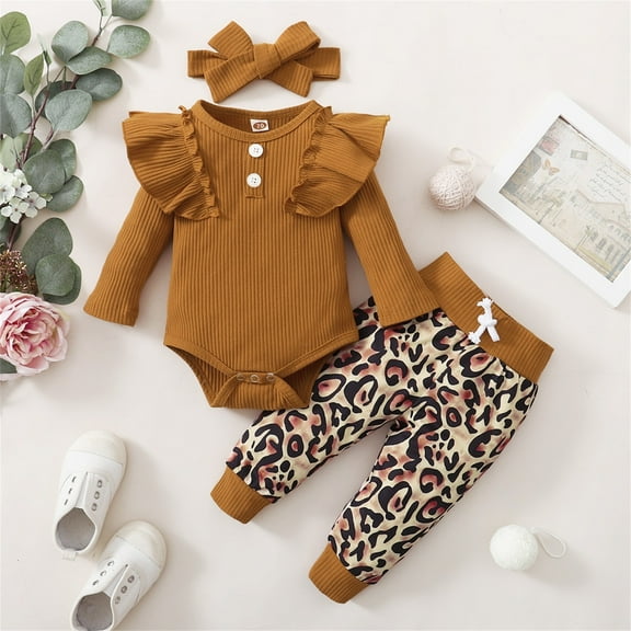 Infant Baby Girl Clothes Ruffle Ribbed Onesie Romper Jogger Pants Set with Bow Headband Newborn Outfits 3-24 Months (12-18M, Brown)