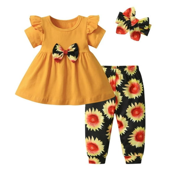 Infant Baby Girl Clothes Solid Color Short Sleeve Ruffle Tops Pants Headband Outfits Set (3-6 Months, Yellow)