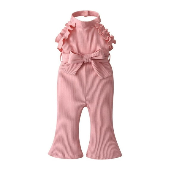 Infant Baby Girl Clothes Solid Jumpsuit Sleeveless Ruffle Halter Bodysuit Bell-Bottoms Pants Outfits Set Pink 3-6 Months