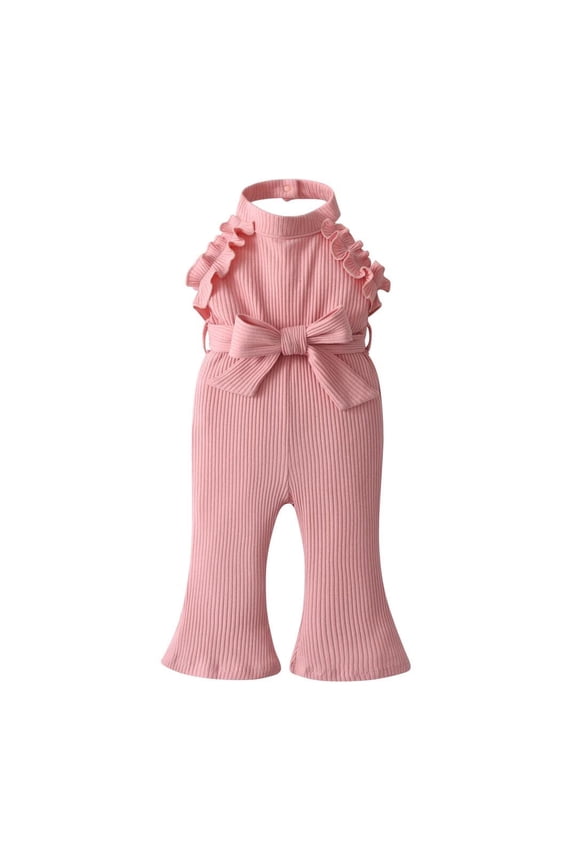 Infant Baby Girl Clothes Solid Jumpsuit Sleeveless Ruffle Halter Bodysuit Bell-Bottoms Pants Outfits Set Pink 3-6 Months