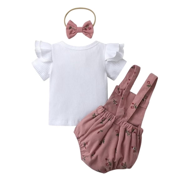 Infant Baby Girl Clothes Solid Ribbed Ruffle Sleeve Top Print Overall Shorts Headband Summer Outfit Pink 0-3 Months