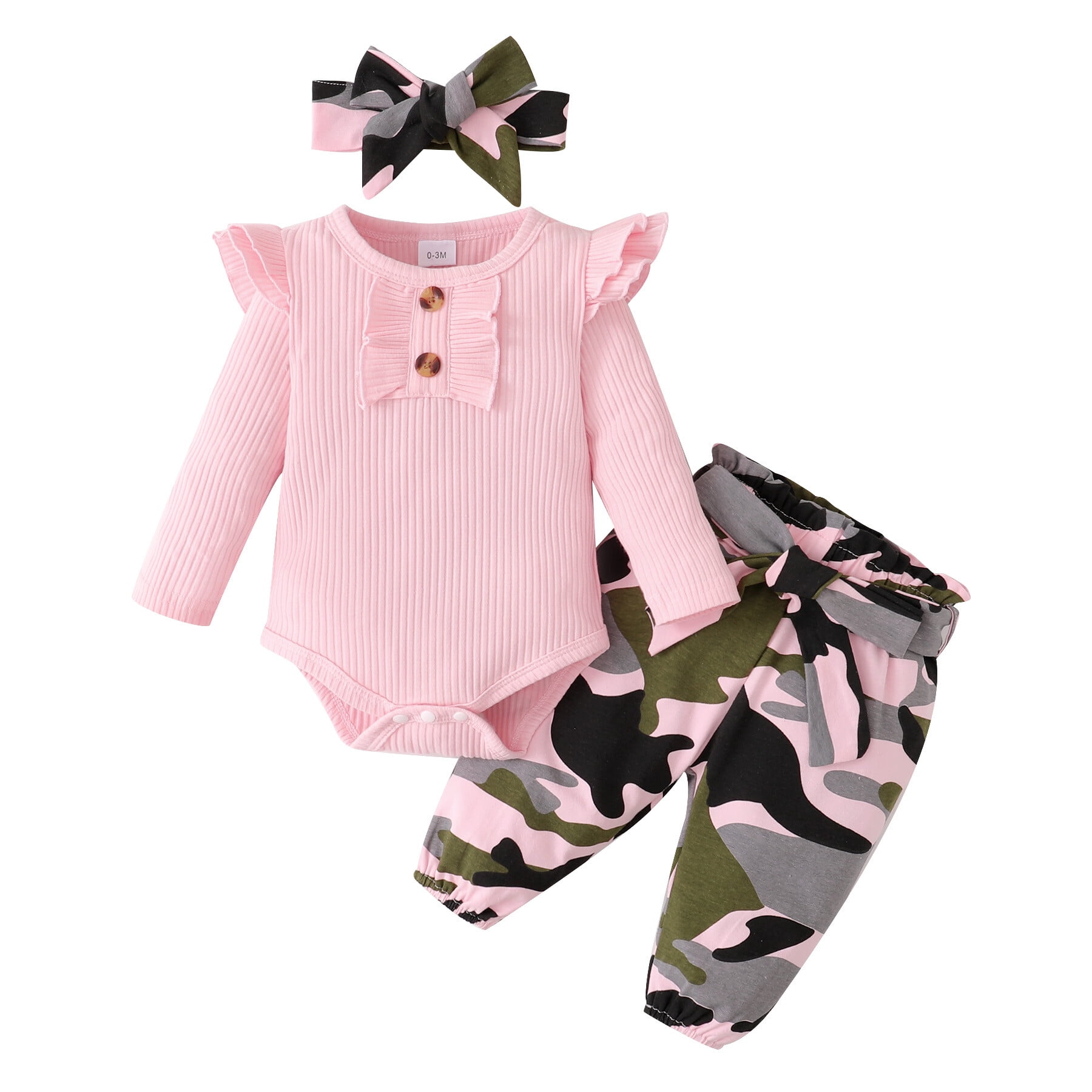 Infant Baby Girl Clothing Newborn Baby Outifit Ruffle Long Sleeve Romper Camo Pant Set Outfits 3-6 Months Girl Clothes