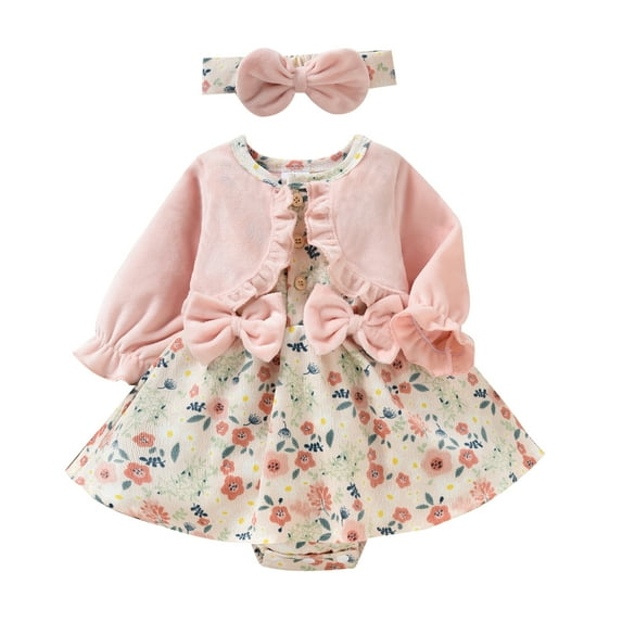 Infant Baby Girl Corduroy Dresses Floral Print Long Sleeve Romper Bodysuit with Headbands Fall Winter Outfit
