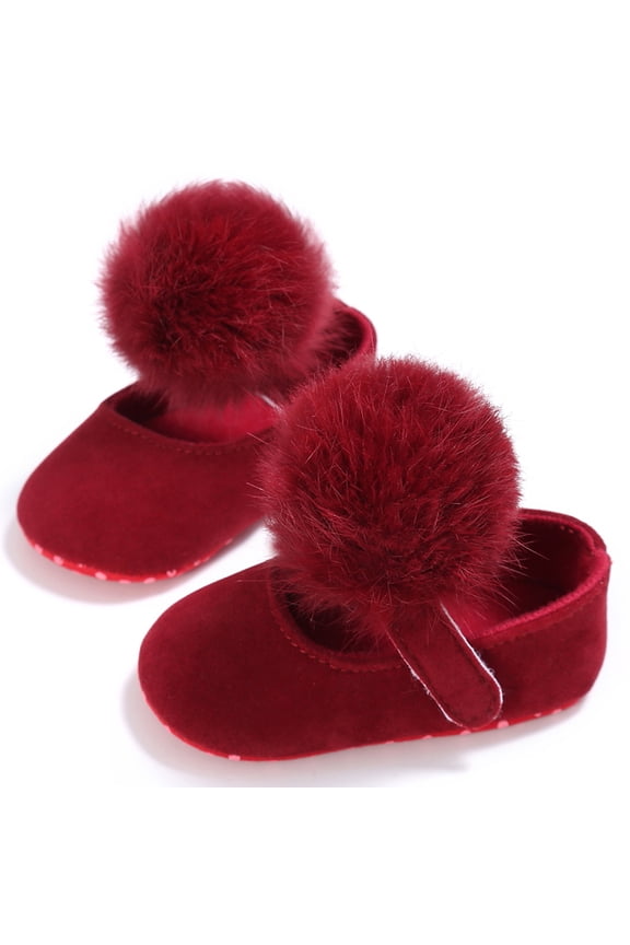 Infant Baby Girl Cute Pom Pom Anti-Slip Crib Shoes Pre-Walker Shoes 0-18M, 5 Colors (Red, 2/6-12 Months)