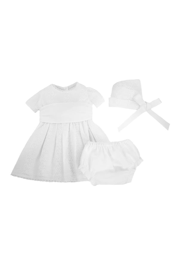 Infant, Baby Girl Dress Embroidered White Cotton Puffed Sleeve Dress, Bonnet, and Bloomers