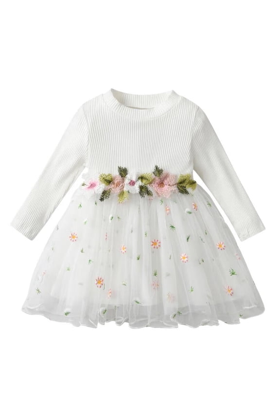 Infant Baby Girl Dress Tulle Sundress Floral Print Toddler Baby Girl Princess Dress White 3-6 Months