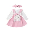thumbnail image 1 of Infant Baby Girl Easter Clothes, Round Neck Long Sleeve Ribbed Romper + Rabbit Patch Suspender Skirt + Headband Outfits, 1 of 9