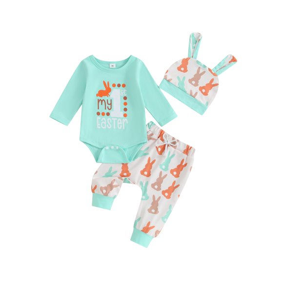 Infant Baby Girl Easter Day Clothes Set My 1st Easter Printed 3 6 9 12 Months Long Sleeve Romper Long Pants Bunny Ears Hat