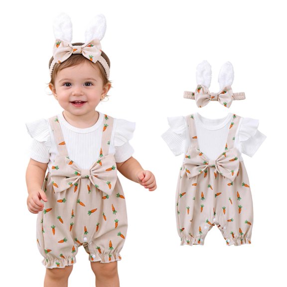 Infant Baby Girl Easter Outfit Summer Short Sleeve Romper with Bunny Ear Headband Toddler Baby Girl Clothes 9-12 Months