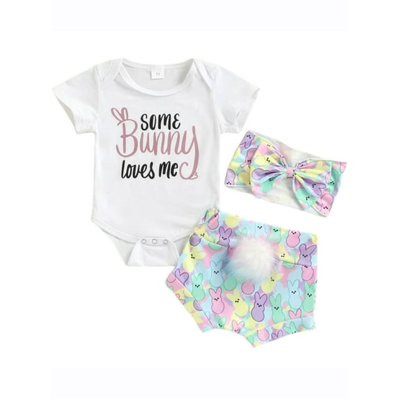Infant Baby Girl Easter Outfits Short Sleeve Romper + Bunny Tail Shorts + Headband Set 0-18M