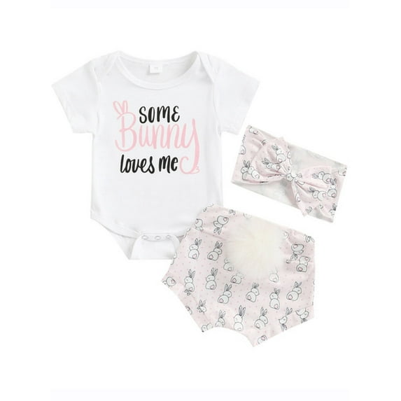 Infant Baby Girl Easter Outfits Short Sleeve Romper + Bunny Tail Shorts + Headband Set 0-18M