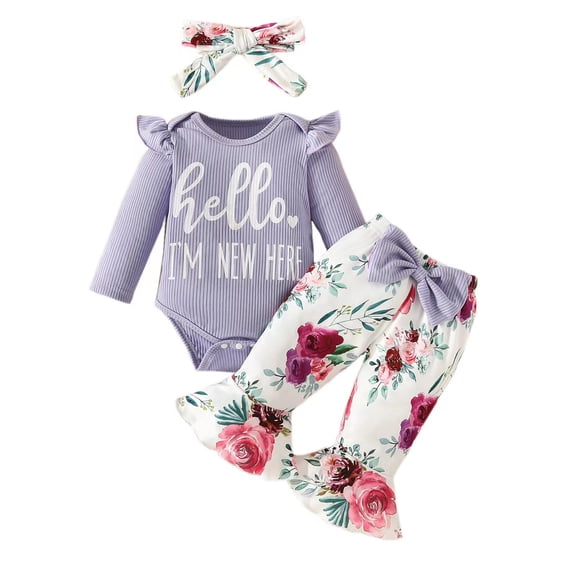 Infant Baby Girl Fall Jumpsuit Outfits Letter Print Long Sleeve Romper Flower Flare Pants Headband Set