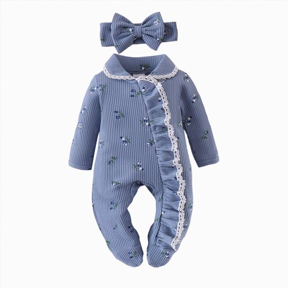 Infant Baby Girl Fall Outfit Romper Footies Floral Print Ruffle Knit Jumpsuit 0 3 6 Months Newborn Winter Clothes Kaprioy Baby Girl Clothes