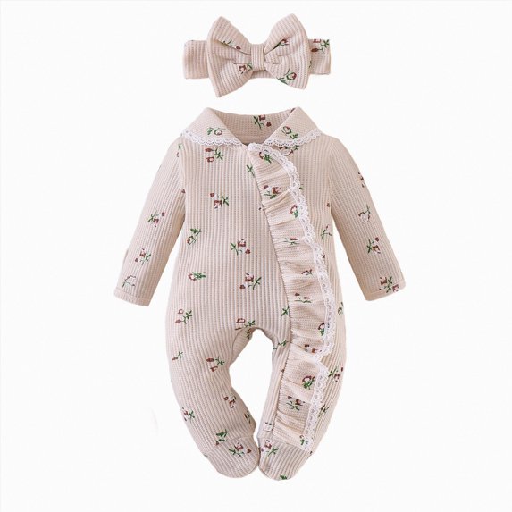 Infant Baby Girl Fall Outfit Romper Footies Floral Print Ruffle Knit Jumpsuit 0 3 6 Months Newborn Winter Clothes Kaprioy Baby Girl Clothes