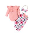 thumbnail image 1 of Infant Baby Girl Fall Outfits Floral Lace Rib Knit Long Sleeve Rompers Flower Print Flare Pants Headband Set, 1 of 9