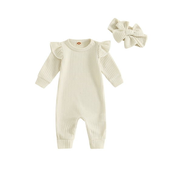 Infant Baby Girl Fall Outfits Waffle Romper Solid Color Ruffled Long Sleeves Full Length Jumpsuit with Bow Headband Set
