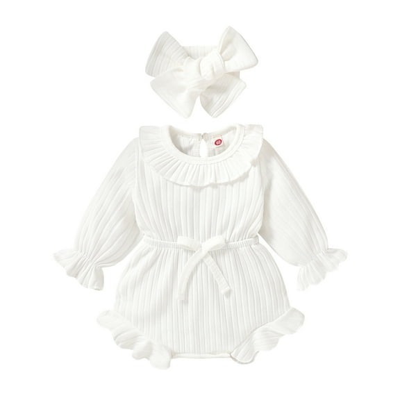 Infant Baby Girl Fall Winter Ruffled Bodysuit Sweater Romper Headband Long Sleeve Warm Jumpsuit 0-18M
