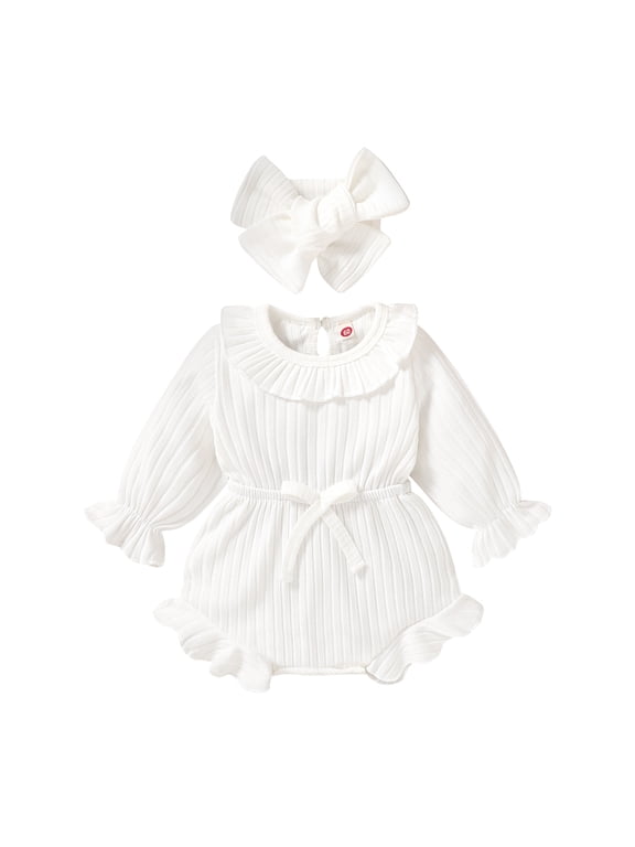 Infant Baby Girl Fall Winter Ruffled Bodysuit Sweater Romper + Headband Long Sleeve Warm Jumpsuit 0-18M