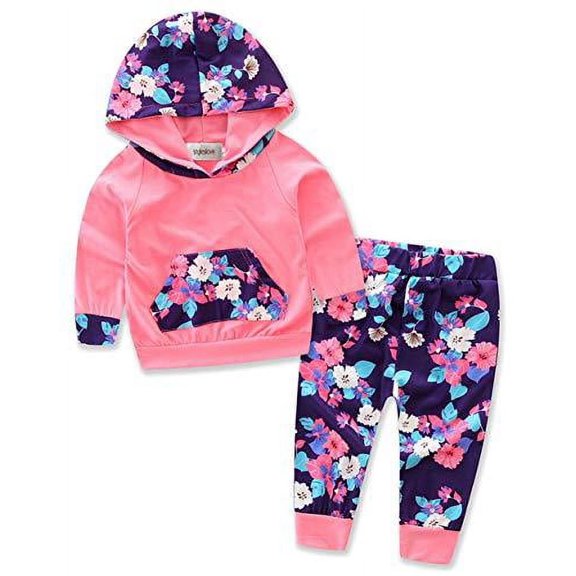 Infant Baby Girl Floral Pattern Long Sleeve Hooded Sweatshirt and Pants Cotton Outfit