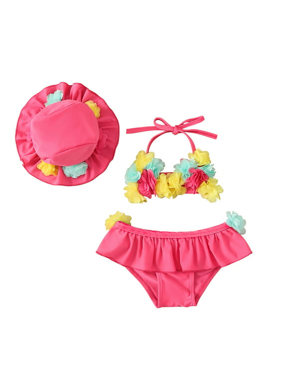 Infant Baby Girl Flower Swimsuit 3Pcs Halter Triangle Tops Ruffle Bottoms Sun Hat Bikini Set Bathing Suit Swimwear