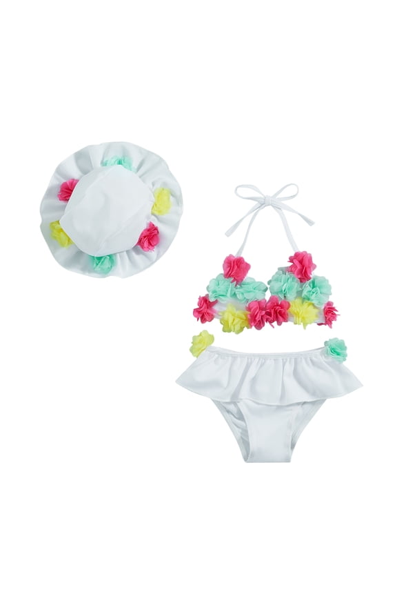 Infant Baby Girl Flower Swimsuit 3Pcs Halter Triangle Tops Ruffle Bottoms Sun Hat Bikini Set Bathing Suit Swimwear