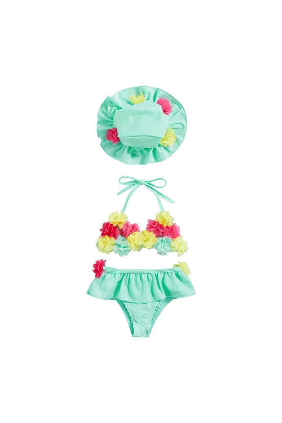Infant Baby Girl Flower Swimsuit 3Pcs Halter Triangle Tops Ruffle Bottoms Sun Hat Bikini Set Bathing Suit Swimwear