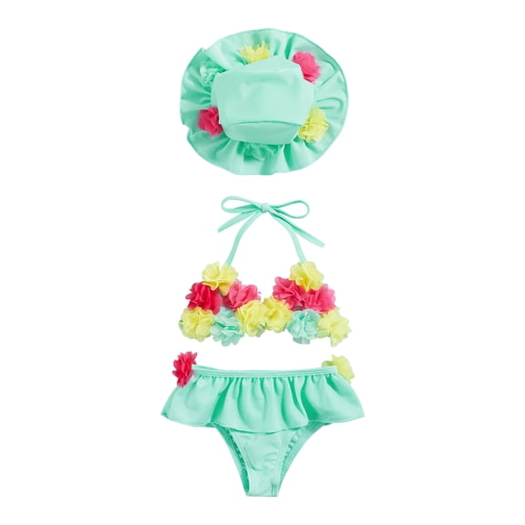 Infant Baby Girl Flower Swimsuit 3Pcs Halter Triangle Tops Ruffle Bottoms Sun Hat Bikini Set Bathing Suit Swimwear