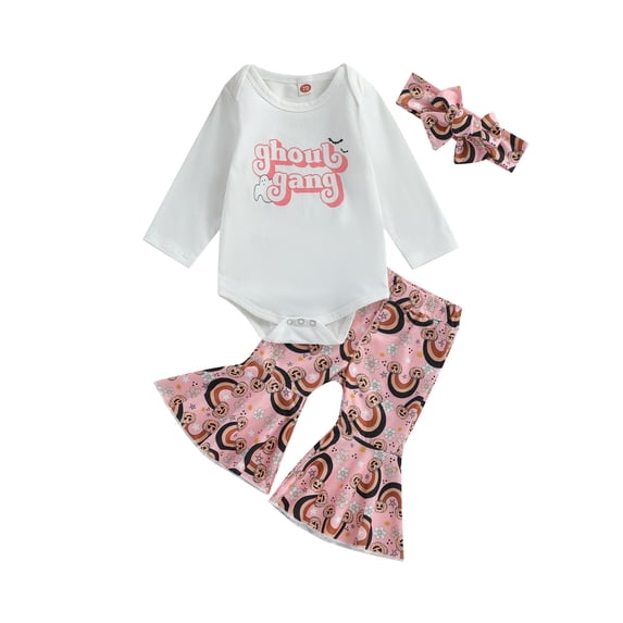 Infant Baby Girl Halloween Clothes Set Ghoul Gang Long Sleeve Romper Tops Pumpkin Flared Pants 3Pcs Fall Outfit