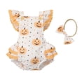 thumbnail image 1 of Infant Baby Girl Halloween Jumpsuit Set 3M 6M 12M 18M Cartoon Pumpkin Print Flying Sleeve Romper + Bow Headband, 1 of 10